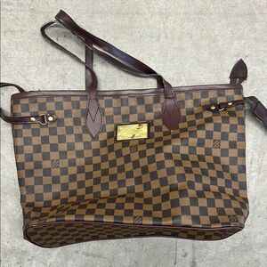 Brown Checkered Tote Bag with Gold Plate